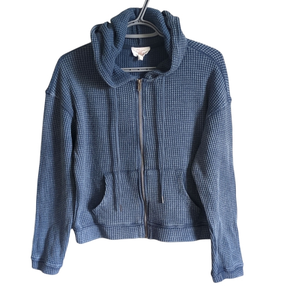 Hippie Rose Waffle Knit Full Zip Hooded Sweater Distressed Blue Size Medium